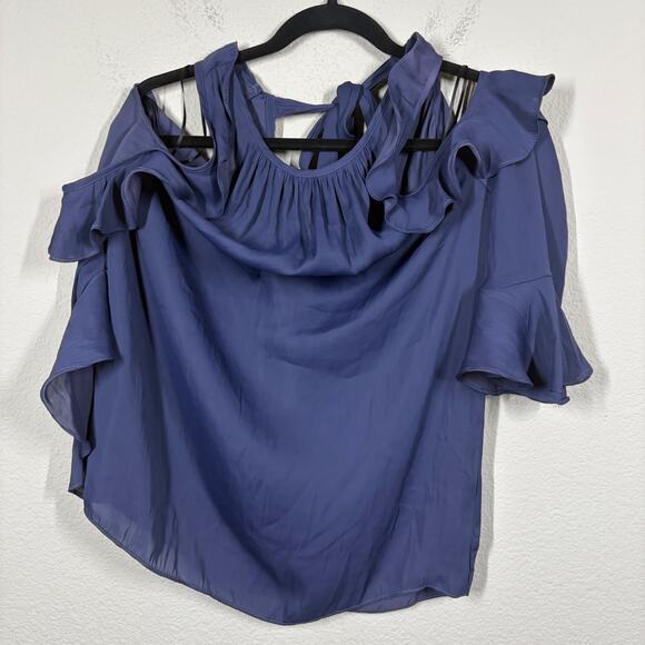 Alice & Trixie Medium Crepe Cold Shoulder Blouse Navy Ruffle Tie Back - Picture 2 of 9